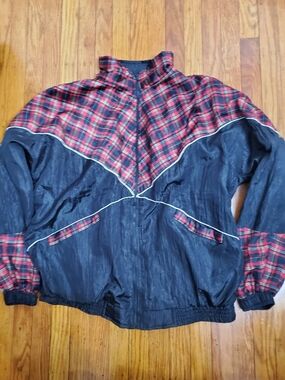 Y2k Lauren Brooke Windbreaker Nylon Black  with Red Plaid Trim Wonens Sz 1X